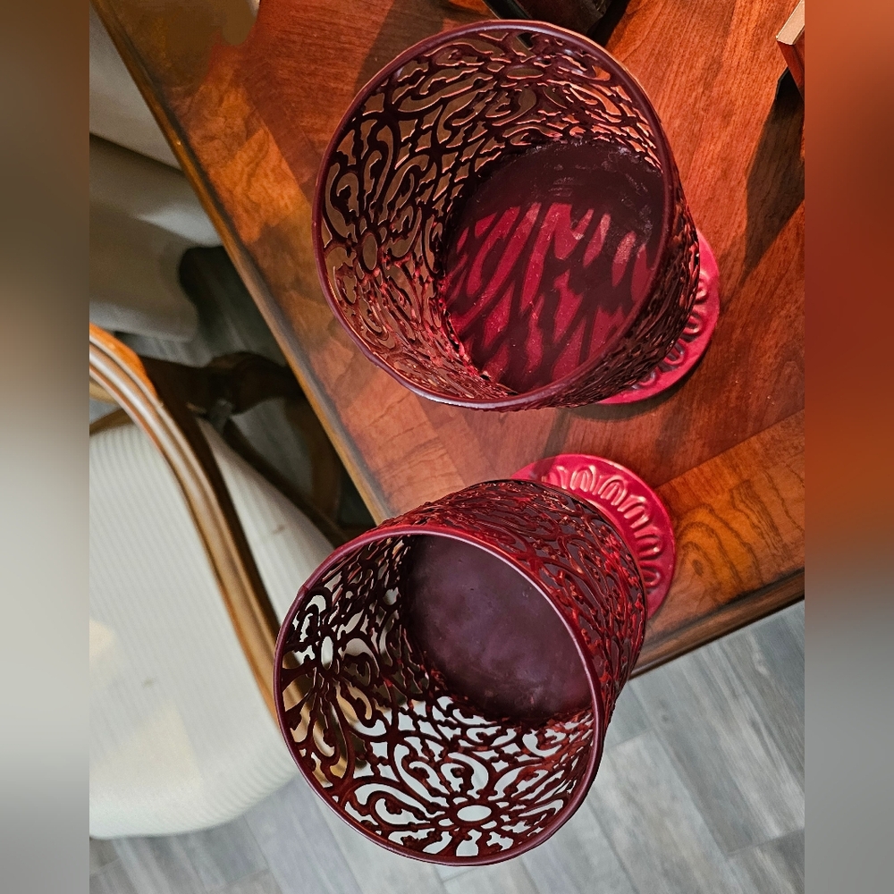 Set of Two Metal Ornate Pedestal Large Candle Holder Marroon Dark Red EUC - Picture 5 of 10